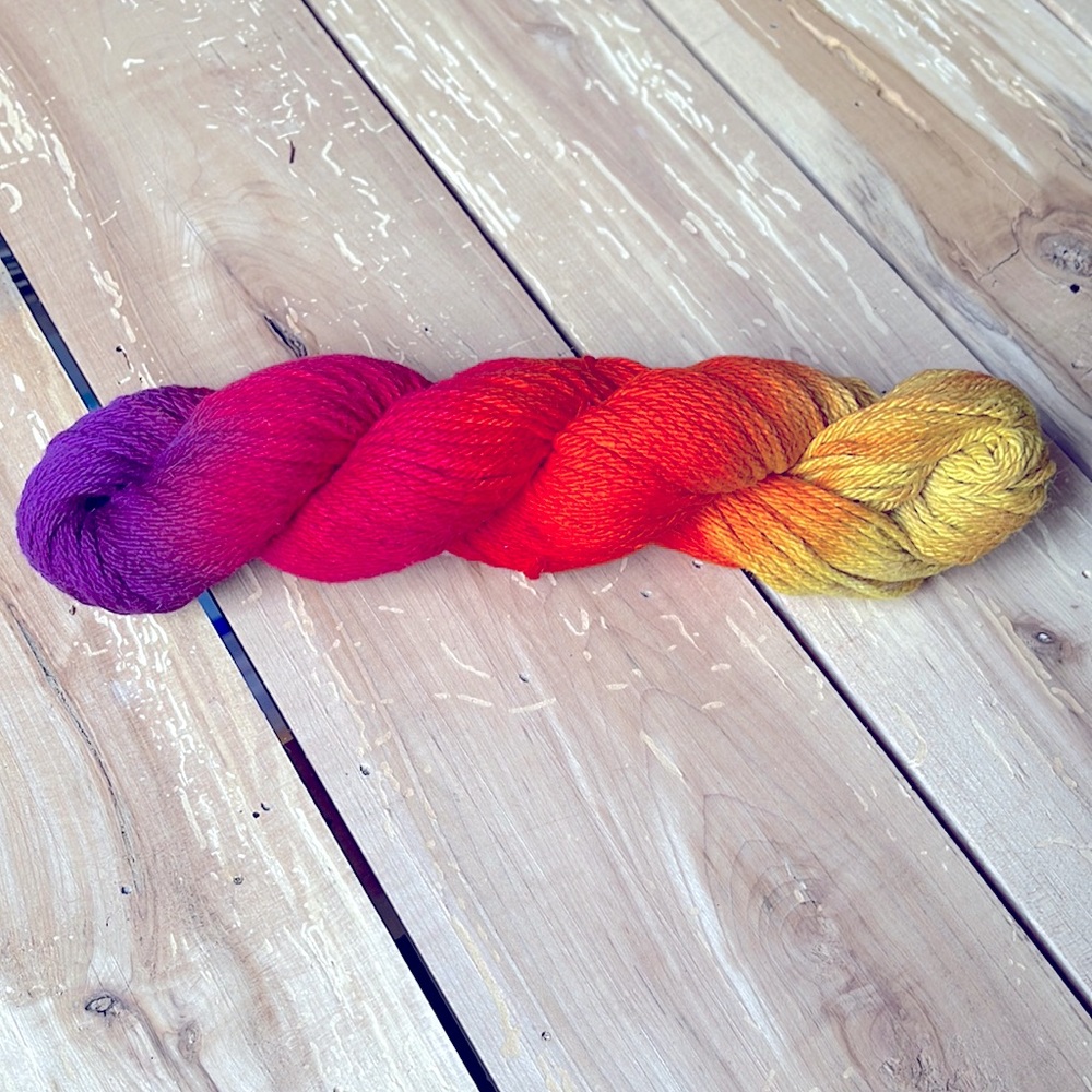 purple-red-orange-yellow colour-way, hand-dyed 4ply crochet cotton 50g skein